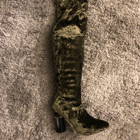 green velvet thigh high boots
